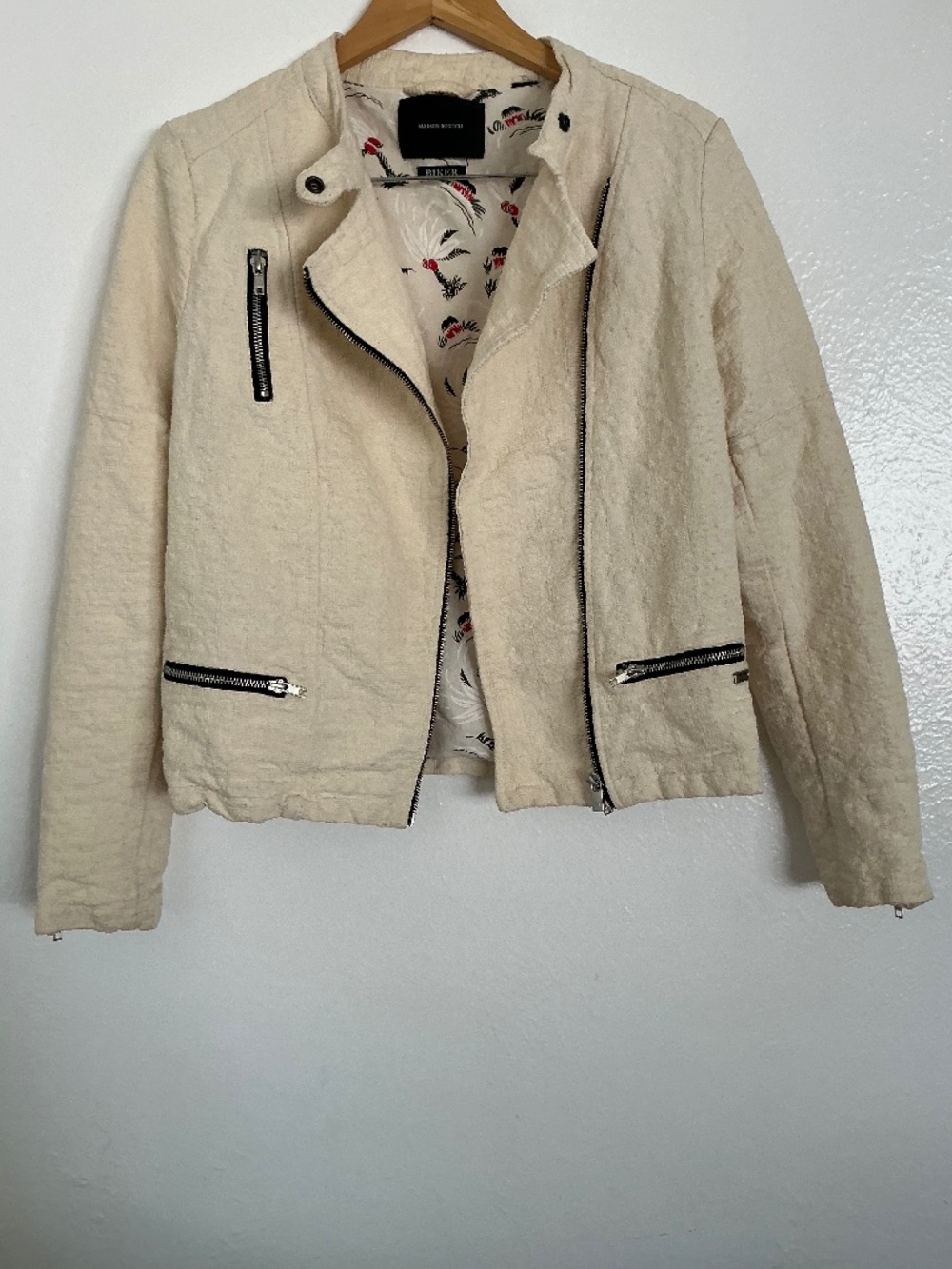 Maison Scotch Biker Jacket Cream Linen Tropical Lining